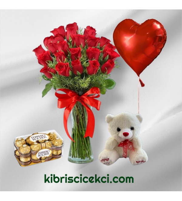 Vazoda 25 Kırmızı Gül Ayıcık 16'lı Ferrero Çikolata Kalp Helyum Balon Vazoda 25 Kırmızı Gül Ayıcık 16'lı Ferrero Çikolata Kalp Helyum Balon